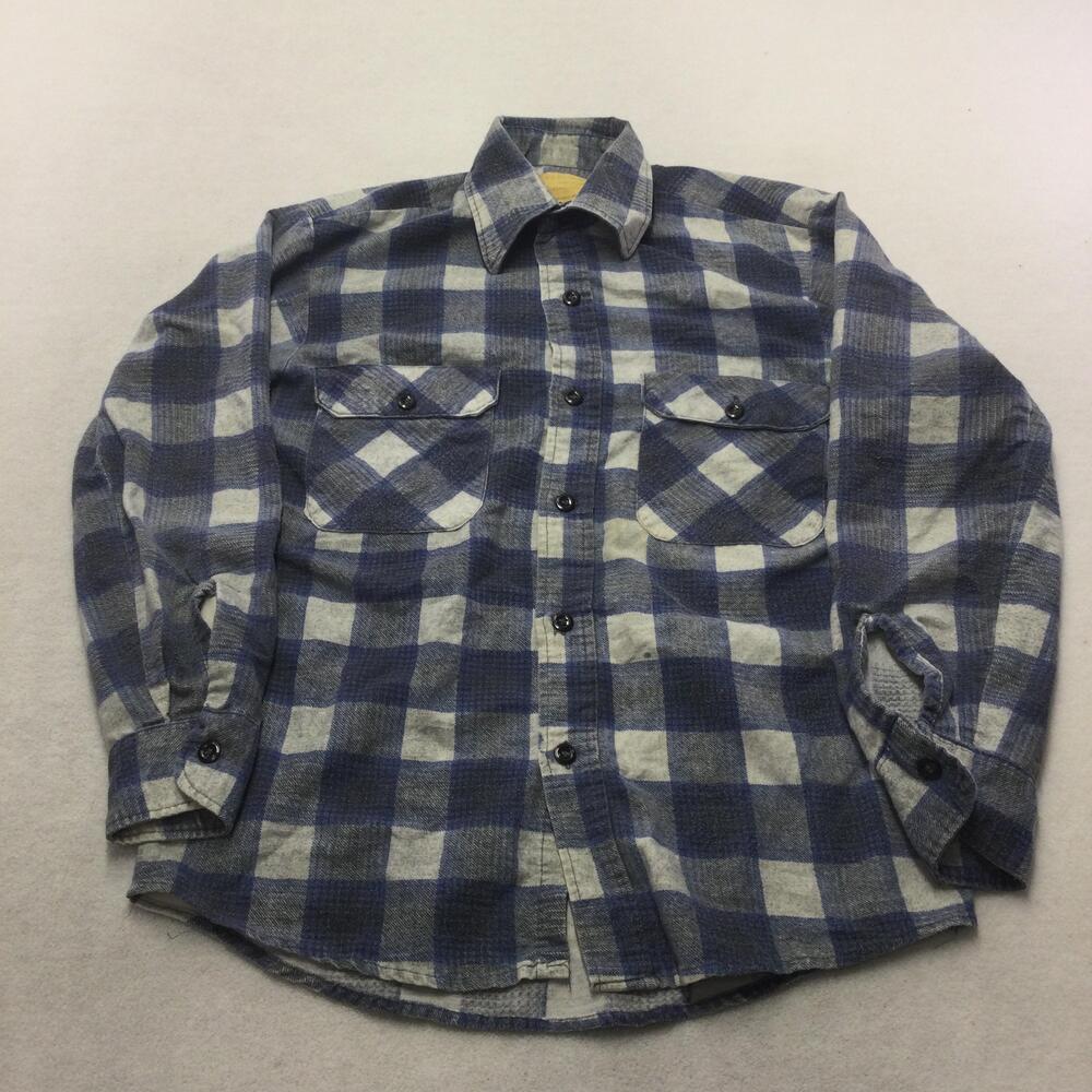 Vintage Sears Shirt Mens Large Blue Plaid Flannel Long Sleeve Button Up Casual